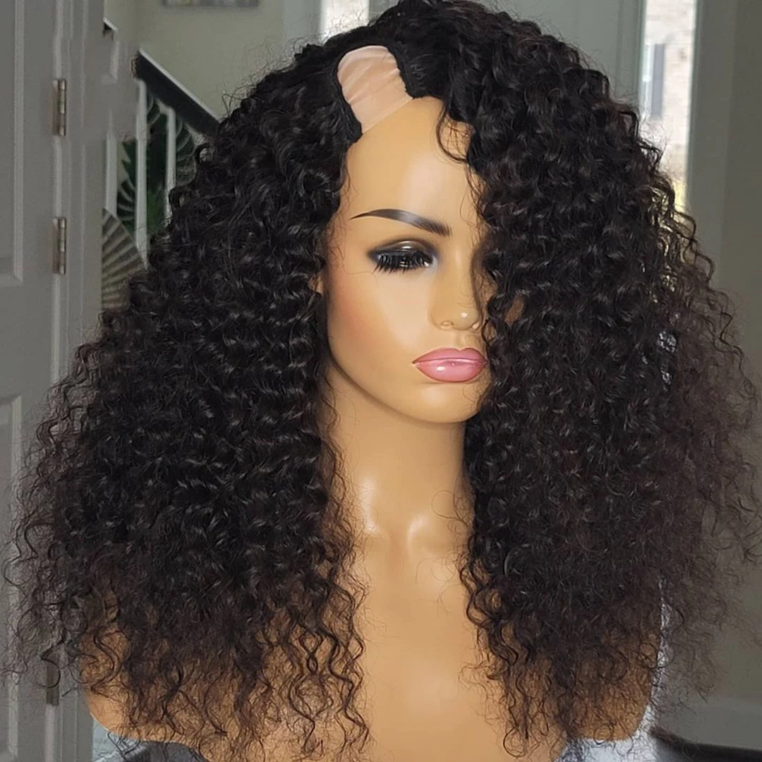24-дюймовый натуральный Черный кудрявый U-образный парик Бразильские парики из человеческих волос для женщин U-образный парик Ежедневно Мягкая бесклеевая свободная часть