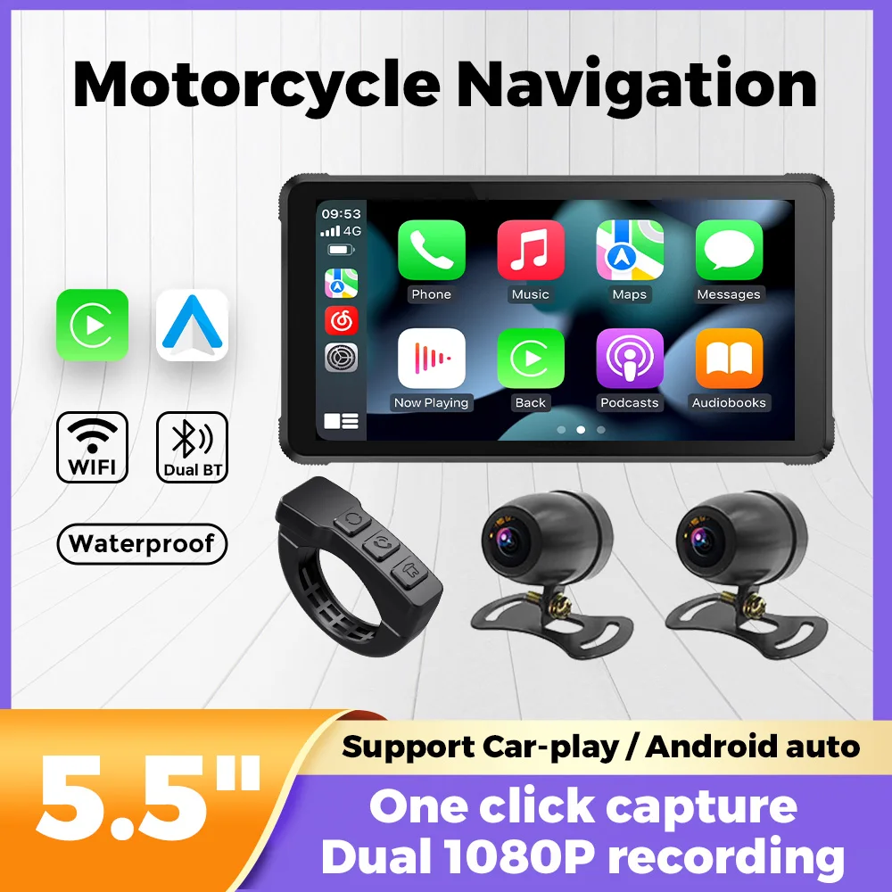 5,5-дюймовая мотоциклетная навигация carplay moto IP67 Водонепроницаемая с двумя каналами BT для беспроводной камеры Carplay Android с автоматической двойной записью 0