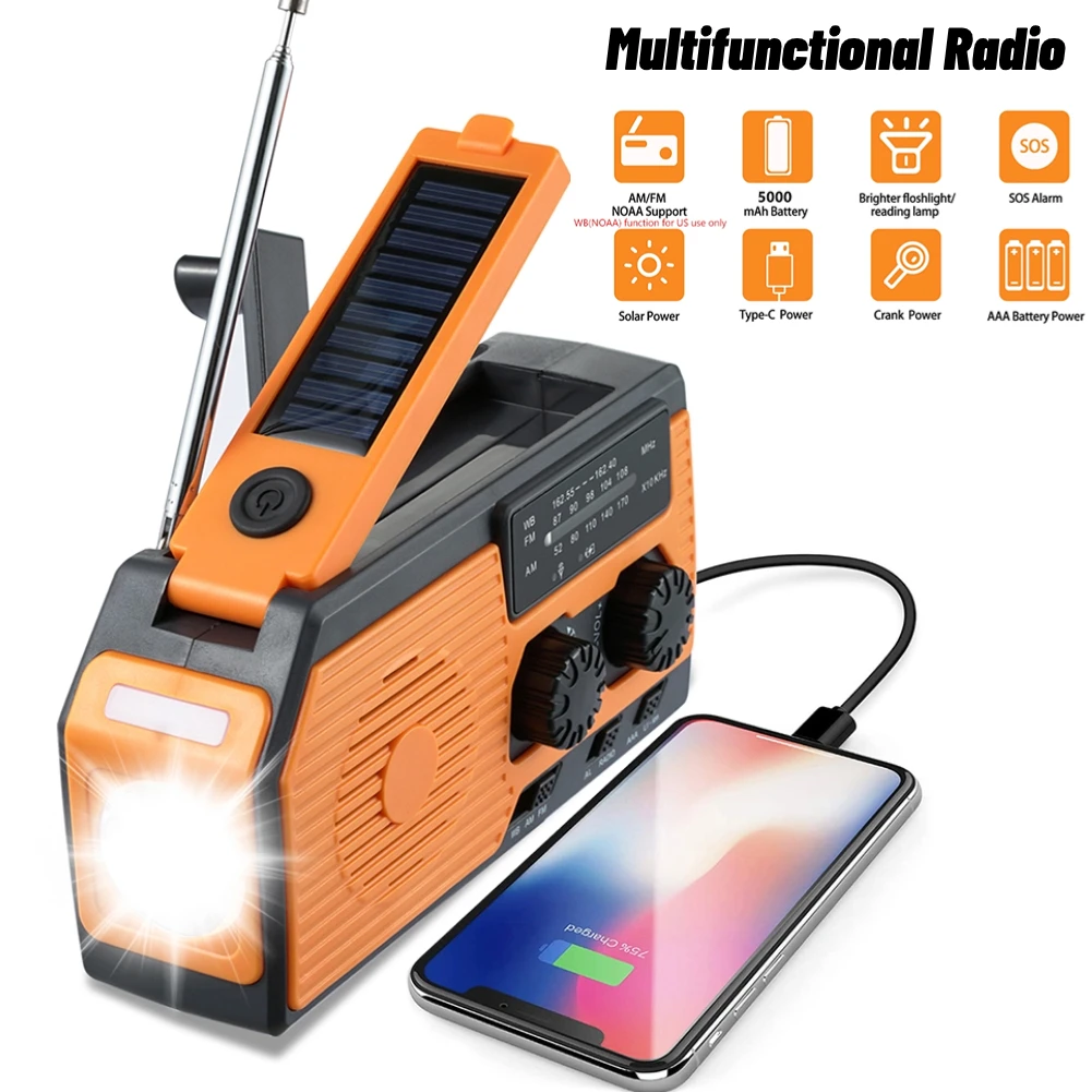 5000 мАч Многофункциональное Радио Рукоятка Солнечная USB Зарядка AM/FM/WB NOAA Погода СВЕТОДИОДНЫЙ Фонарик Радио Power Bank для Наружного использования