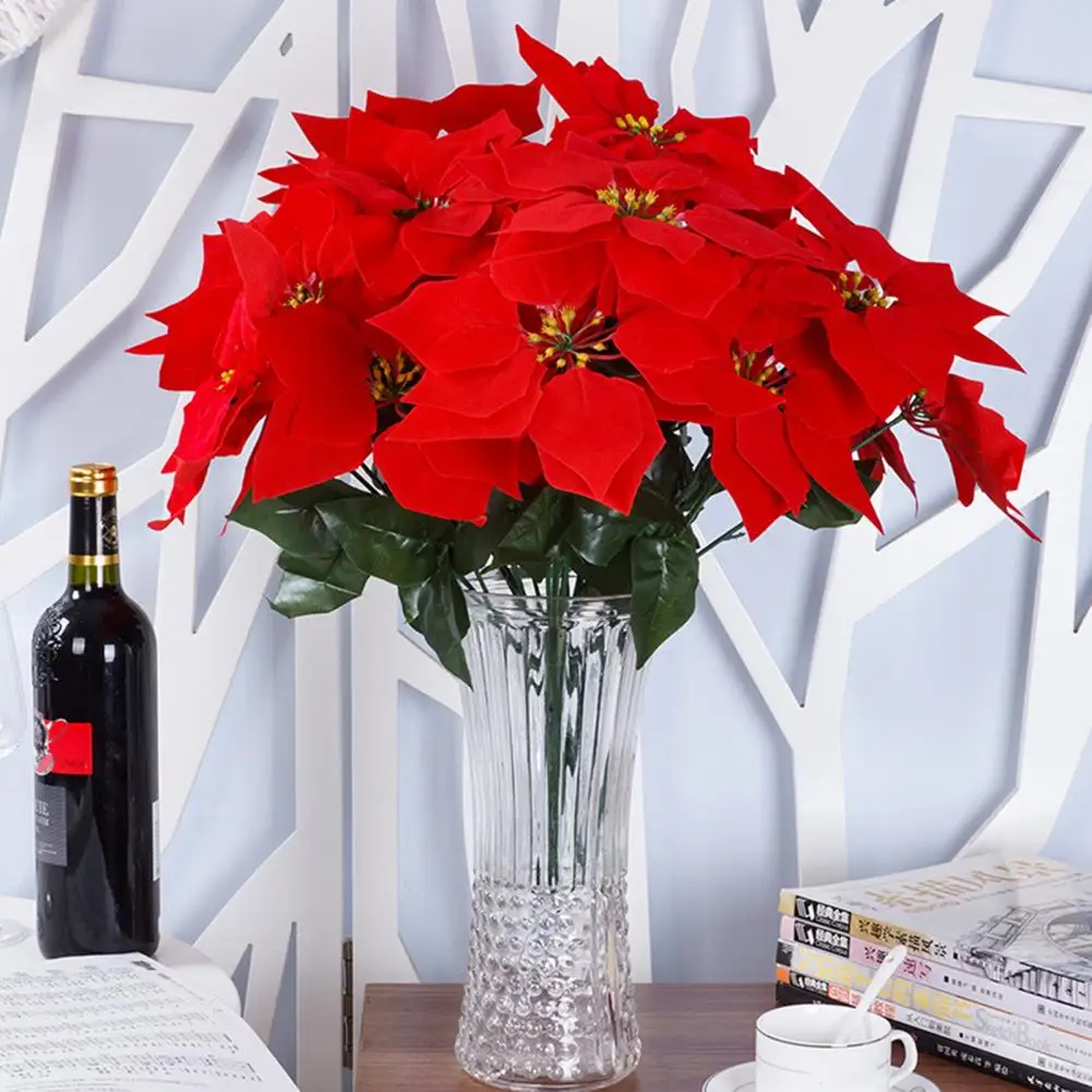 5шт Рождественский искусственный цветок пуансеттии со стеблем, 7 головок, слоистые Зеленые листья, украшение из искусственных цветов для свадебной вечеринки