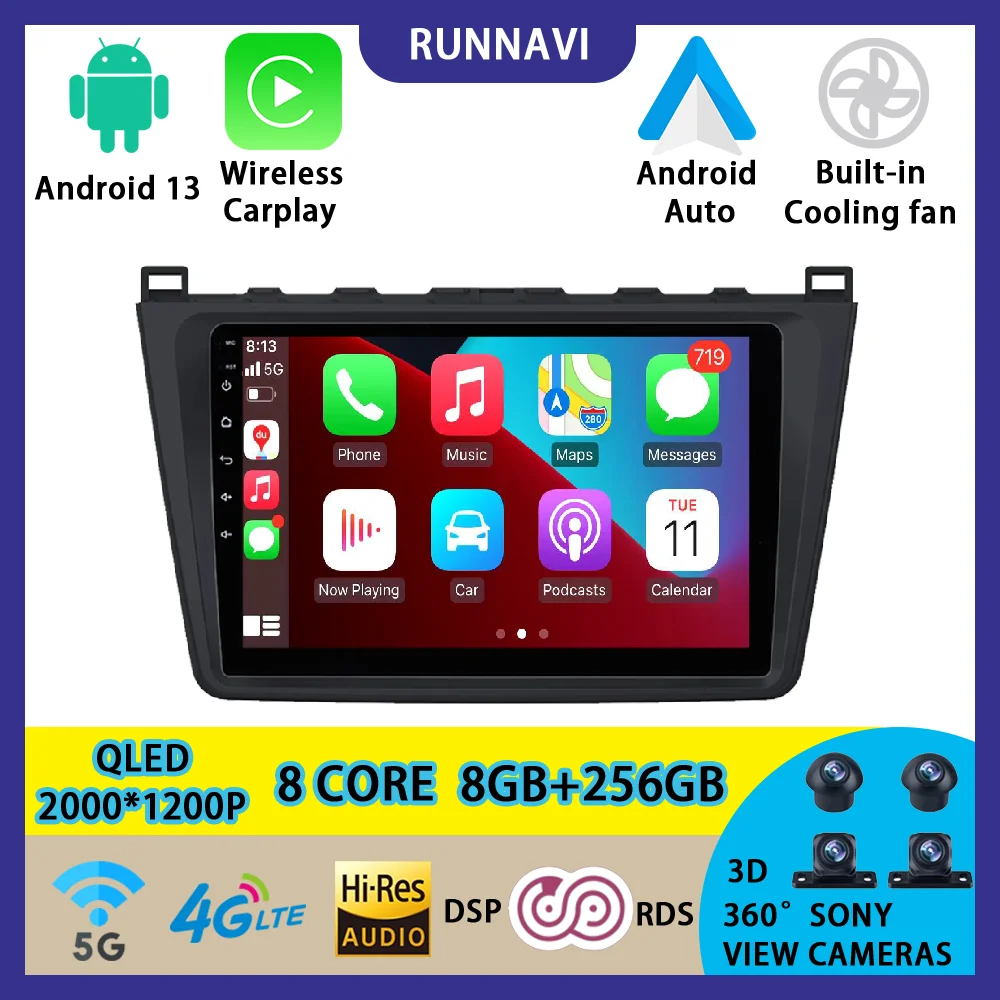 Android 13 для Mazda 6 GH 2007 - 2012 Автомобильный радиоприемник, стерео, мультимедийный видеоплеер, Навигация, GPS, беспроводной Carplay, RDS DSP, АВТО QLED