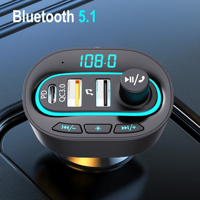 Bluetooth 5.1 FM-Передатчик Автомобильный Аудиопередатчик Громкой Связи Беспроводной Приемник PD QC3.0 Зарядное Устройство MP3 TF USB Музыкальный Плеер RGB