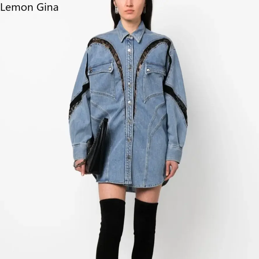 Lemon Gina, Женское кружевное платье в стиле пэчворк с отложным воротником, однобортная джинсовая рубашка, Стильное платье 2023, Осенние платья 0