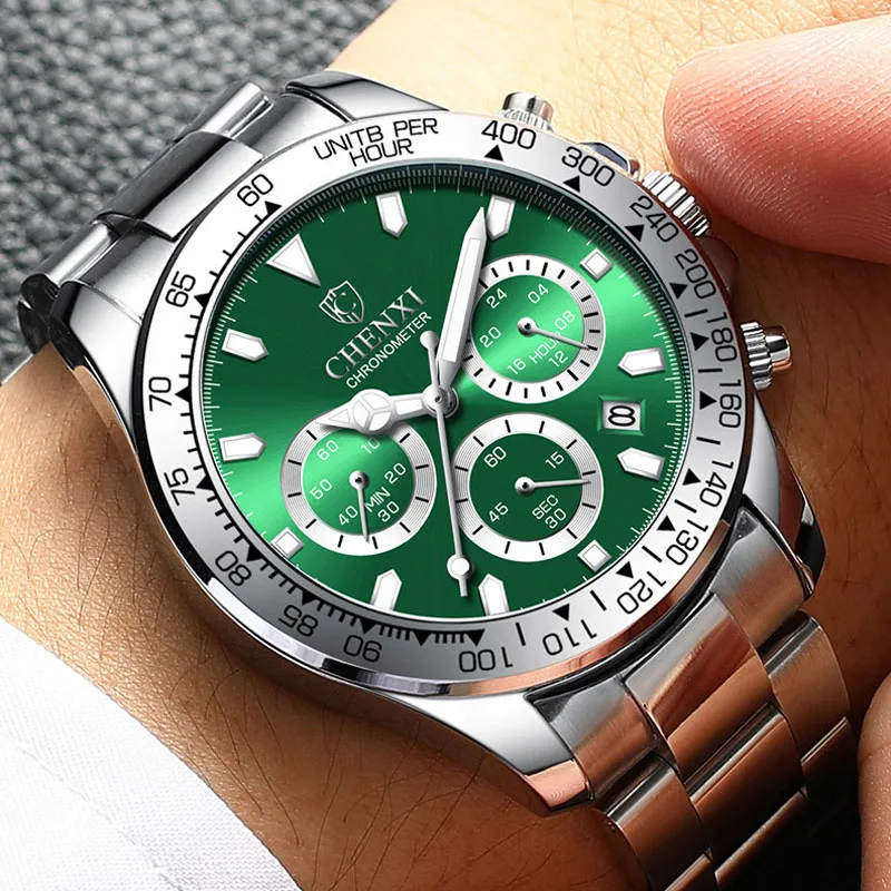Reloj Hombre CHENXI Мужские Часы Мужские Зеленые Часы Модные Деловые Водонепроницаемые Светящиеся Кварцевые Наручные Часы С Хронографом