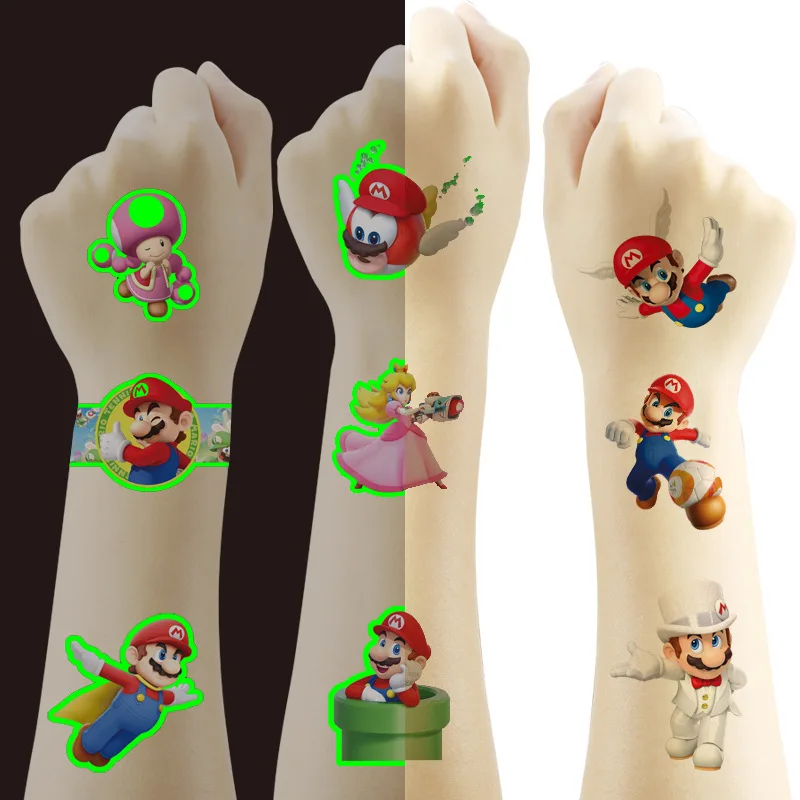 Super Mario Bros Светящаяся Темная Ночь Светящаяся Татуировка Наклейка Флуоресцентная Для мальчиков и девочек Украшение Подарок Временная Татуировка