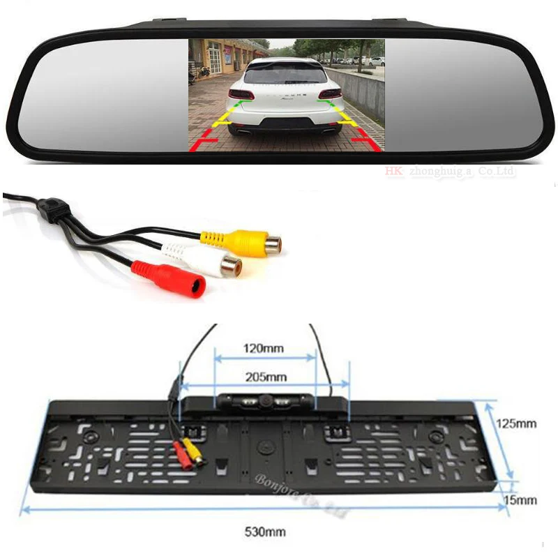 Автомобильный Цветной зеркальный монитор с 5-дюймовым TFT-дисплеем с автомобильным инфракрасным светодиодом, Рамка Европейского номерного знака, Камера заднего вида, Система помощи при парковке