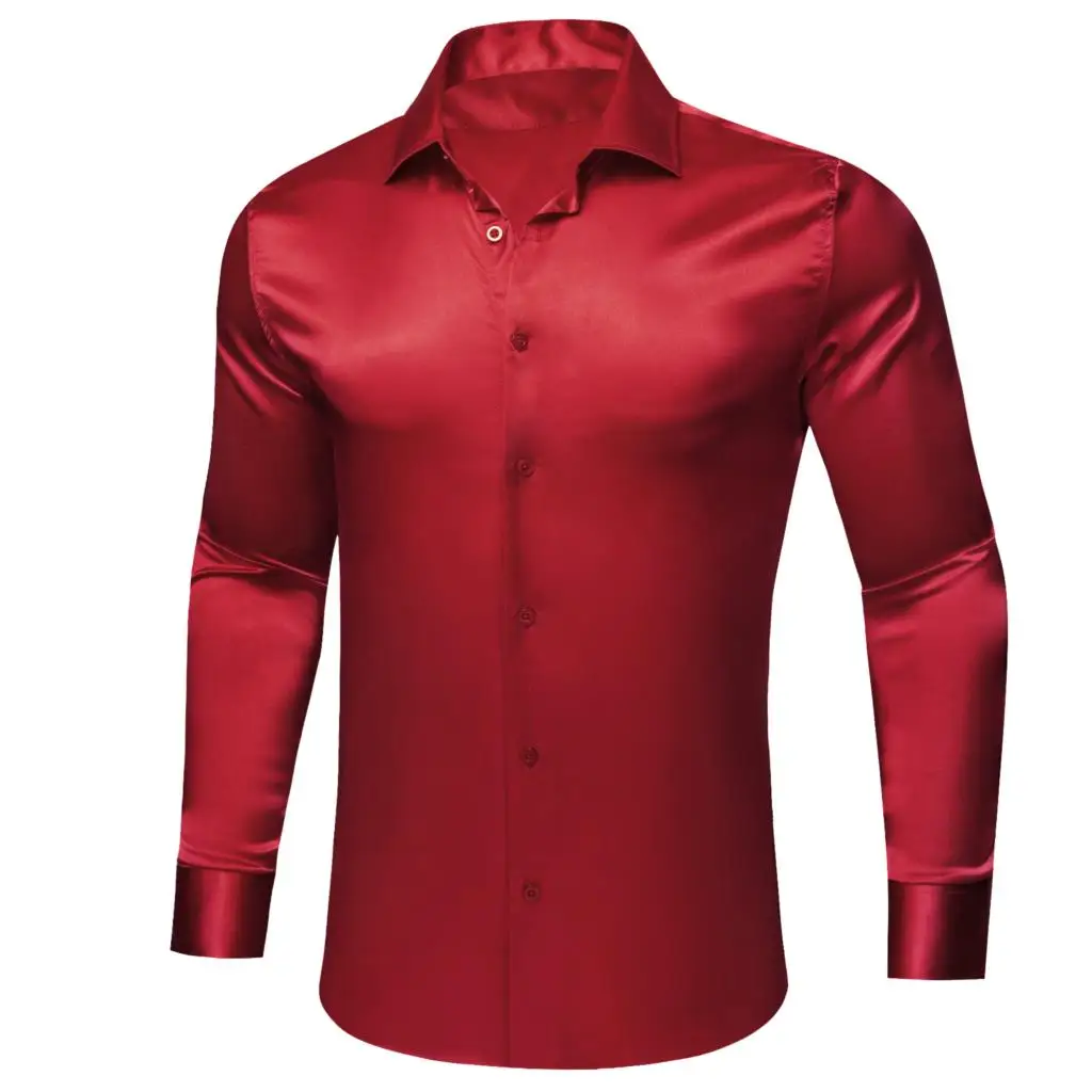 Дизайнерские шелковые мужские рубашки, атласная Красная Бордовая Однотонная мужская блузка с длинным рукавом, Повседневные официальные топы, Дышащая ткань Barry Wang