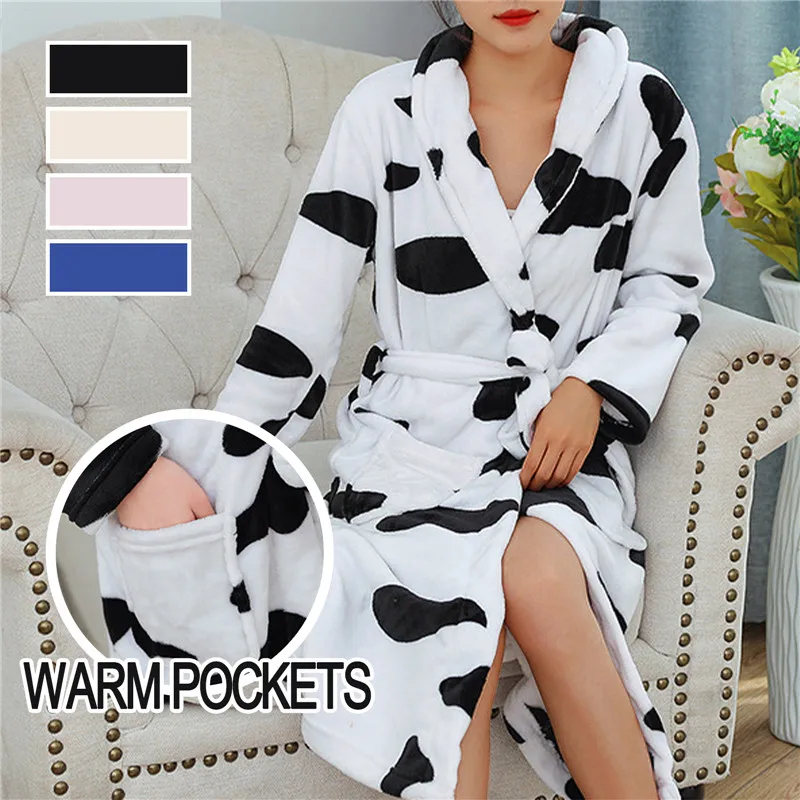 Женский фланелевый халат из молочной коровы, домашняя одежда для сна, халат с цветочным принтом и шалевым воротником, халат-кимоно с поясом, зимняя теплая пижама