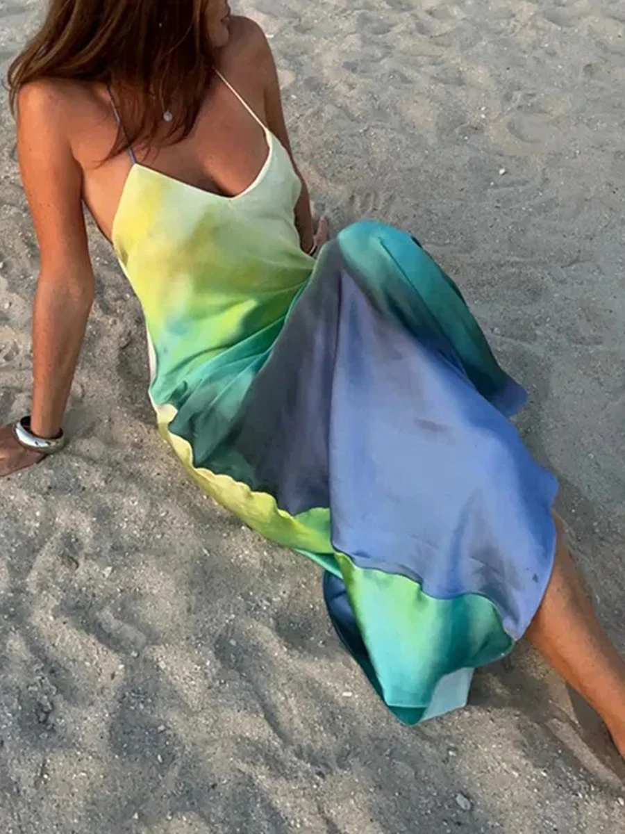 Женское макси-платье без рукавов в стиле бохо с цветочным принтом, перекрестной спинкой и разрезом по бокам для летней пляжной вечеринки