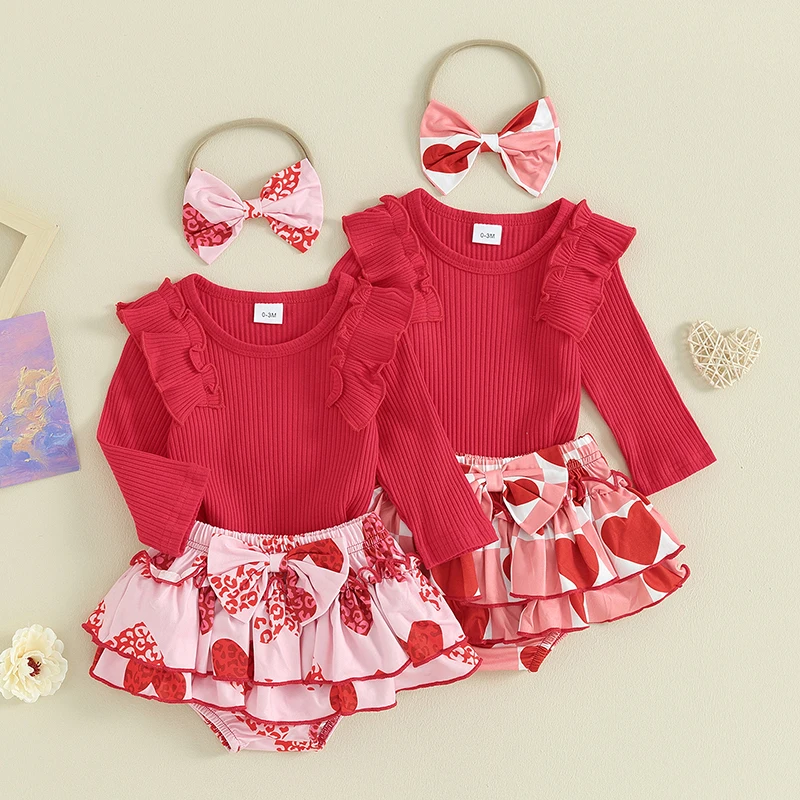 Комплект одежды для новорожденных девочек на День Святого Валентина, комбинезон с длинными рукавами в рубчик, Шорты с принтом в виде сердца, повязка на голову, детские комплекты из 3 предметов
