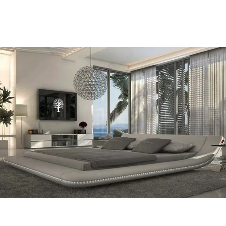 Легкая мебель в роскошном стиле, обитая кожей кровать в главной спальне, минималистичный ободок в итальянском стиле, светодиодная подсветка из массива дерева.