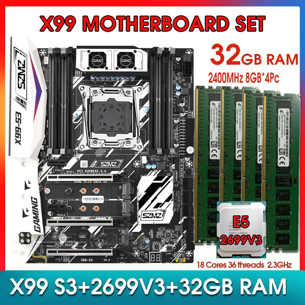 Материнская плата X99 S3 LGA 2011-3 kit Xeon E5 2699 V3 Процессор 32 ГБ (4 * 8 ГБ) 2400 МГц Оперативная память DDR4 Поддержка процессора E5 V3V4 Nvme m.2 sata 3.0