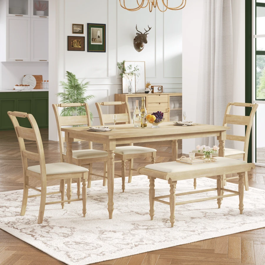 Обеденный набор из 6 предметов с точеными ножками, кухонный стол с мягкими обеденными стульями и скамейкой, ретро-стиль, натуральный материал