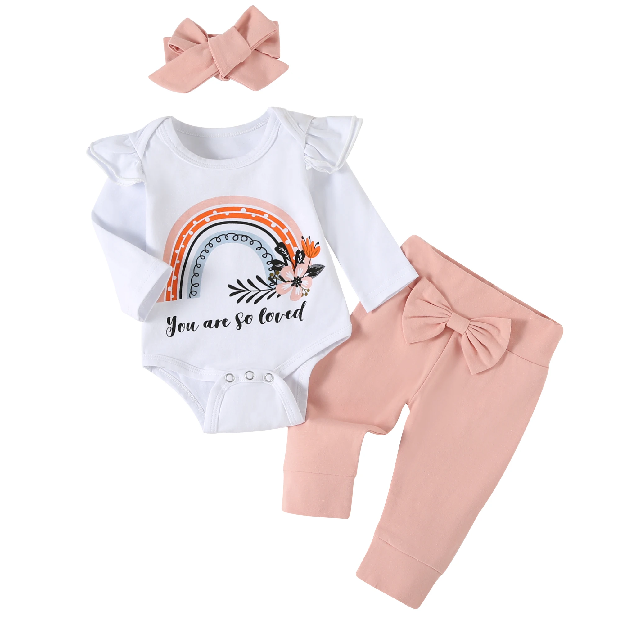 Одежда для новорожденных девочек с длинным рукавом Топы с радужным принтом + розовые брюки + Повязка на голову с бантом 3 шт. наряды