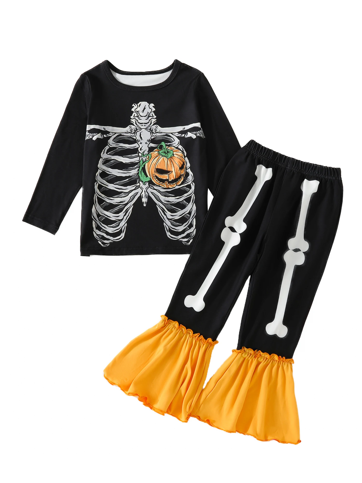 Осенние наряды для девочек, футболки с круглым вырезом и длинными рукавами с рисунком скелета и тыквы, брюки-клеш в стиле пэчворк, комплект одежды для Хэллоуина, 2 предмета, комплект одежды для Хэллоуина