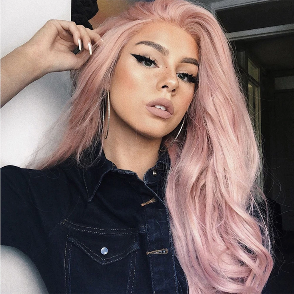 Пастельно-розовый парик с длинными волнистыми волосами, синтетический парик на кружеве для женщин, розовое золото, розовые парики для косплея для женщин, сопротивление 150% Термостойкость 0