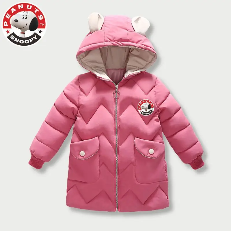 Пуховик Snoopy для девочек, зимняя одежда, детское теплое детское пальто с хлопковой подкладкой средней длины, верхняя одежда, милое пальто с рисунком из мультфильма