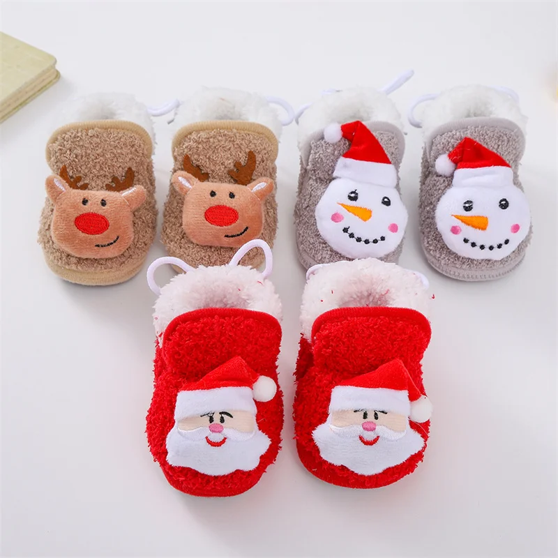Рождественские Детские носки Для мальчиков и девочек, осенне-зимняя противоскользящая обувь-носок, мягкая хлопковая обувь для новорожденных, мультяшная обувь для малышей, впервые ходящих пешком