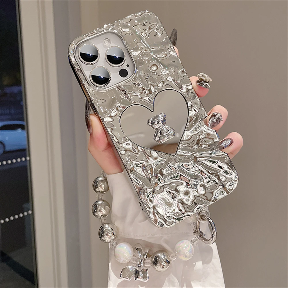 Роскошный 3D Чехол Для Телефона Love Heart Mirror Bear Для iPhone 12 14 Pro Max 13 Pro 11 Серебристый Подвесной Круглый Браслет-Цепочка С Покрытием
