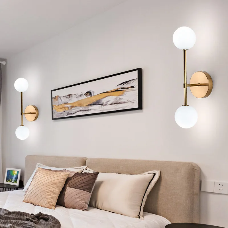 Современный светодиодный настенный светильник Nordic creative спальня гостиная проход лестница прикроватная лампа Молочного Стекла Круглый Шар Золотой Декор настенного бра