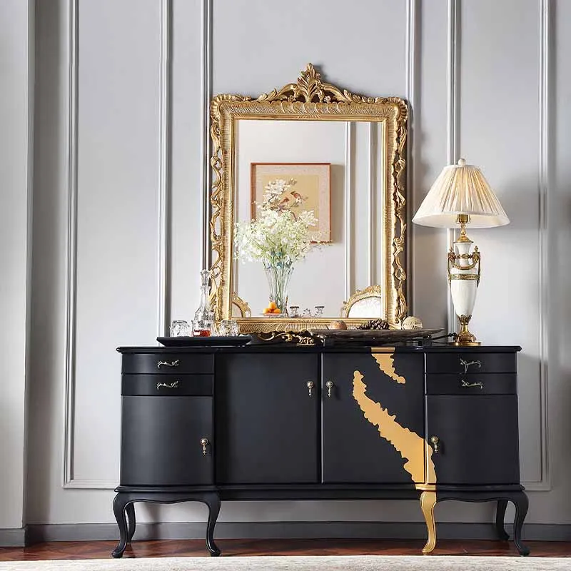 Французский светлый роскошный матовый черный золотой обеденный шкаф из массива дерева для хранения, Европейский художественный шкаф для зала виллы