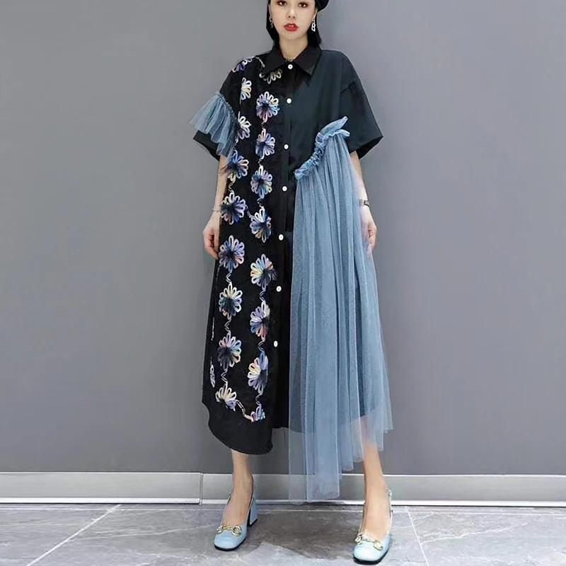 Новое женское летнее повседневное Черное платье-рубашка в корейском стиле с коротким рукавом и нашивками в виде цветов, Уникальное просторное платье-халат JJXD589 1