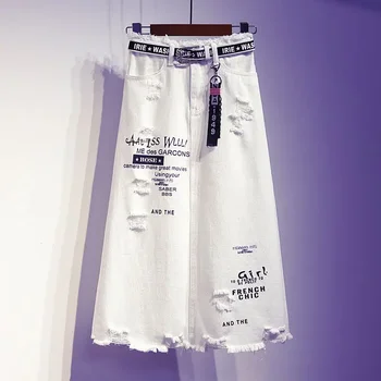 2023 Новая женская юбка из белого денима, длинные юбки с буквенным принтом, корейский стиль, модные женские юбки с отверстиями большого размера, большие размеры