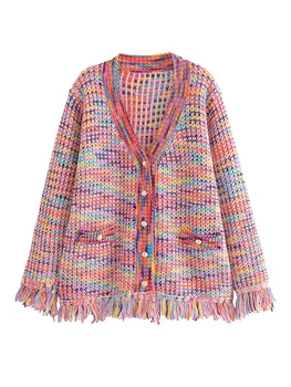 2023 Новый осенний вязаный свитер цвета радуги, женский модный кардиган с кисточками, винтажные однобортные повседневные топы