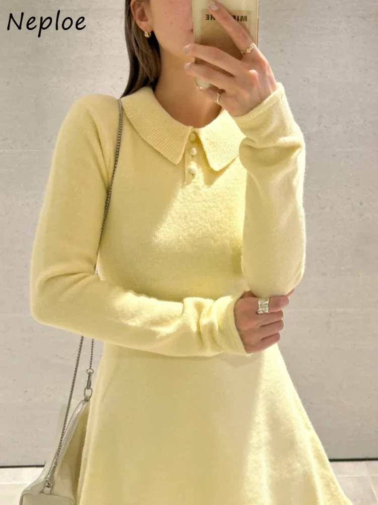 Neploe Милое Платье с Отложным воротником И Длинным Рукавом Slim Fit В стиле Пэчворк С Небольшим Ароматом Vestidos Japan Knit Solid Moda Femme Robe 2