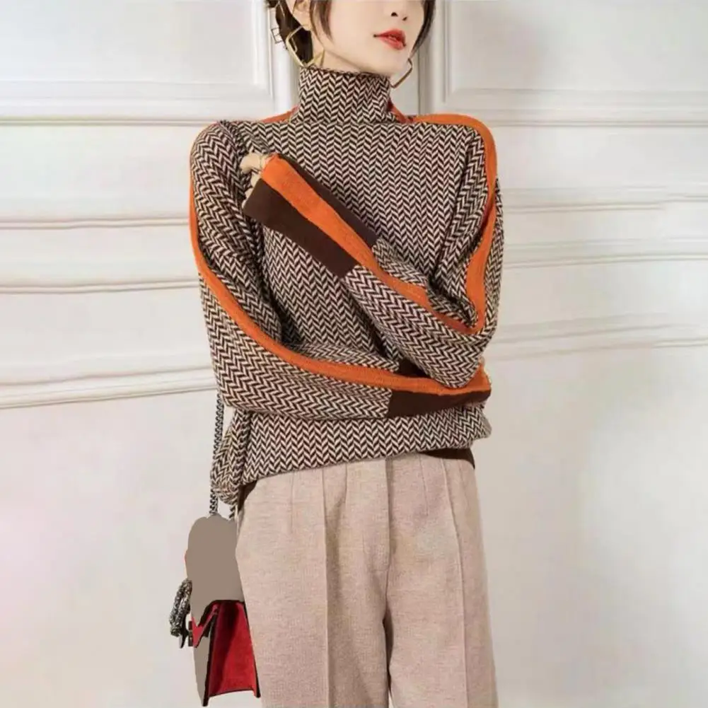 Женский свитер свободного кроя, уютный свитер с высоким воротником для женщин, осенне-зимний вязаный пуловер контрастного цвета с рисунком сплайсинга, толстый 2