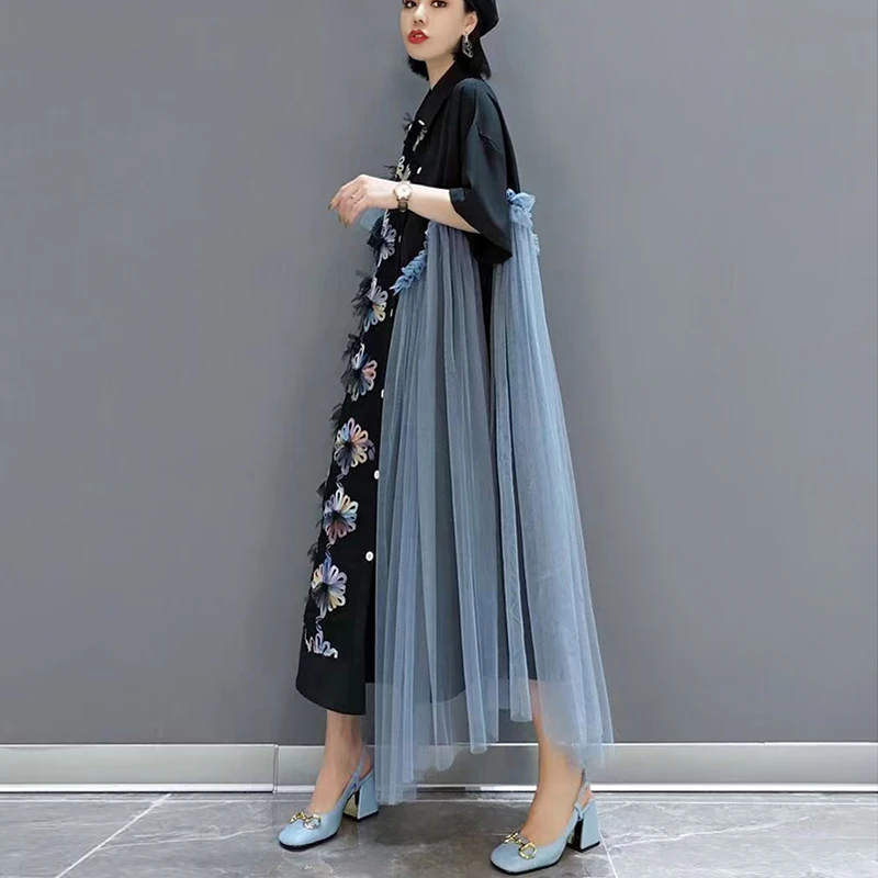 Новое женское летнее повседневное Черное платье-рубашка в корейском стиле с коротким рукавом и нашивками в виде цветов, Уникальное просторное платье-халат JJXD589 2