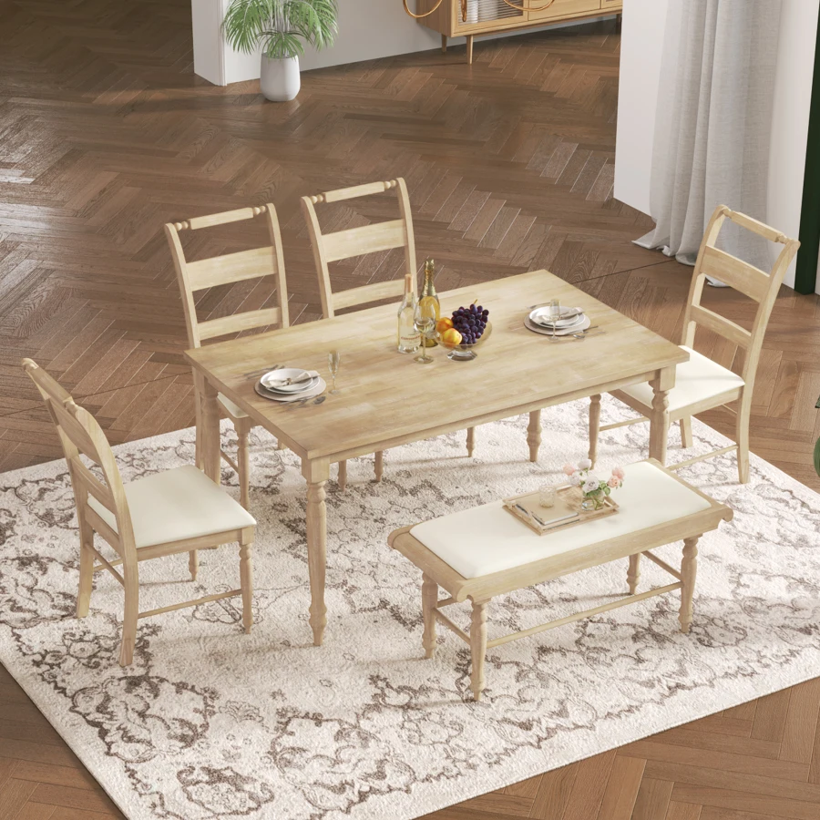 Обеденный набор из 6 предметов с точеными ножками, кухонный стол с мягкими обеденными стульями и скамейкой, ретро-стиль, натуральный материал 2