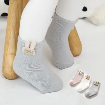 3 пары однотонных плюшевых детских носков, Зимние Теплые махровые короткие носки для новорожденных, Милые носки для мальчиков и девочек с рисунком из мультфильма, теплые носки средней длины