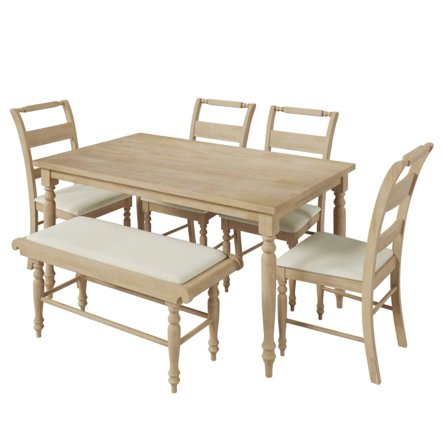 Обеденный набор из 6 предметов с точеными ножками, кухонный стол с мягкими обеденными стульями и скамейкой, ретро-стиль, натуральный материал 3