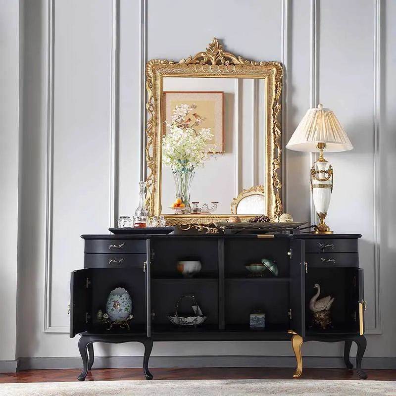 Французский светлый роскошный матовый черный золотой обеденный шкаф из массива дерева для хранения, Европейский художественный шкаф для зала виллы 3