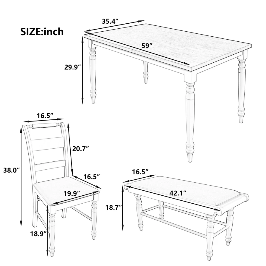 Обеденный набор из 6 предметов с точеными ножками, кухонный стол с мягкими обеденными стульями и скамейкой, ретро-стиль, натуральный материал 5