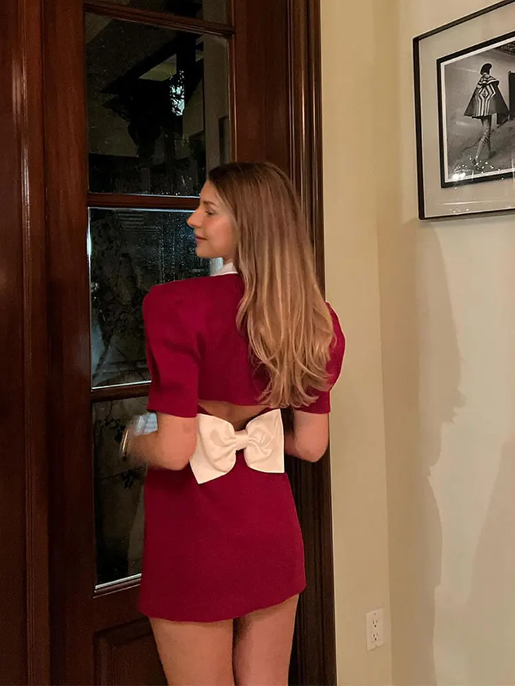 Элегантное красное мини-платье в стиле пэчворк для женщин, модное платье на пуговицах с коротким рукавом и V-образным вырезом для похудения, Офисный халат для вечеринок на работу 5