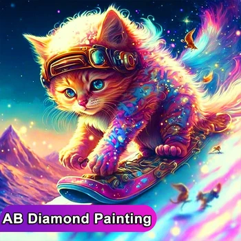 EverShine AB Diamond Art Painting Cat Skiing 5D Квадратная круглая дрель для вышивки крестом, Красочные украшения для дома с животными
