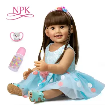 NPK 55 см, модная девочка-реборн, силиконовая подарочная кукла для всего тела, синяя юбка, реалистичный парик с мягкими на ощупь волосами