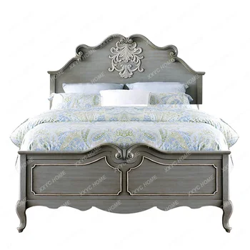Old Carpenter Американская двуспальная кровать в стиле ретро Европейская вилла высокого класса B & B Антикварная брачная кровать с резьбой из потрепанного дерева