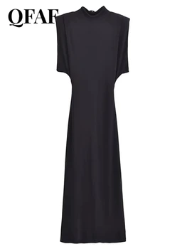 QFAF Женская мода Миди Макси Облегающее платье на молнии сзади Винтажные женские Уличные Сексуальные Длинные черные платья Vestidos