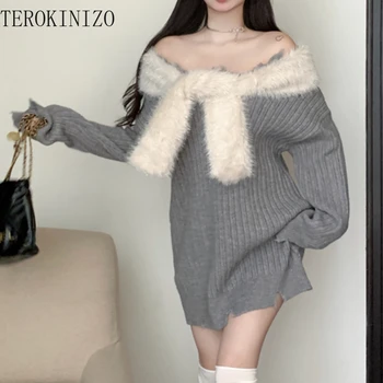 TEROKINIZO Slash шеи лоскутное Свитер для женщин сплошной цвет с длинным рукавом пуловер женский Хай-стрит, повседневная Свободная тянуть роковой 0