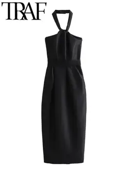 TRAF Модное женское однотонное платье без рукавов с открытой спиной, тонкие сексуальные женские платья Миди Sim 2023 Осень Y2k