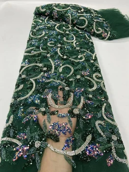 Африканская Кружевная ткань Sequence, Бисер ручной Работы, Нигерийский Свадебный Кружевной Материал, Роскошный Зеленый цвет для платья, Высокое качество, 5 Ярдов, 2024