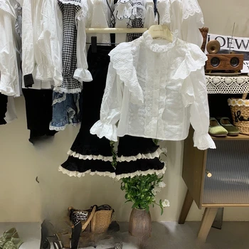 Белая Блузка Для девочек, Размер 110-150, Весна 2024, Модная Кружевная Открытая Рубашка