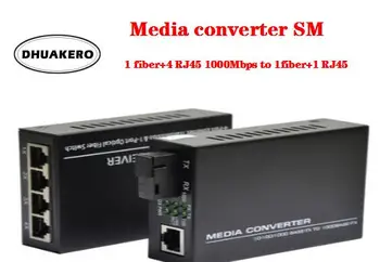 бесплатная доставка AB282 Волоконно-Оптический Медиаконвертер Трансивер SM 10/100 М/1000 М 1 волокно + 4 RJ45 к 1 волокну 1 RJ45 0