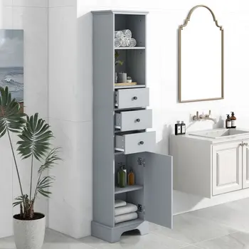 Высокий шкаф для хранения в ванной комнате с 3 выдвижными ящиками и Регулируемыми Серыми Полками - Органайзером для ванной комнаты и кабинетом для хранения медикаментов