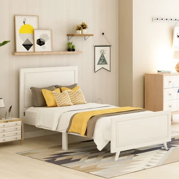 Деревянная кровать-платформа, каркас для односпальной кровати, основа для матраса с изголовьем и деревянной планкой (белая)