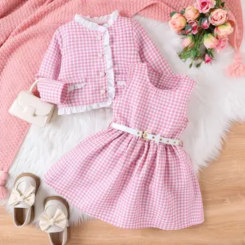 Детская одежда Для девочек, осенне-зимний новый розовый костюм в клетку, детские комплекты, маленькое ароматное ветровое пальто, платье-жилет, детская одежда