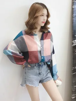 Женская рубашка в клетку из хлопка и льна 2023 Корейская версия свободного кроя с длинными рукавами универсальная рубашка с воротником ПОЛО топ тонкий